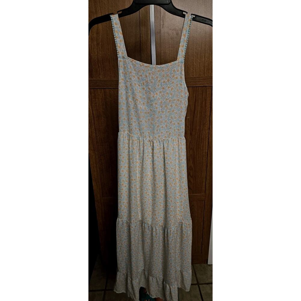Sienna Sky Blue And Orange Floral Midi Open Back With Ties SZ S Boho Cottagecore